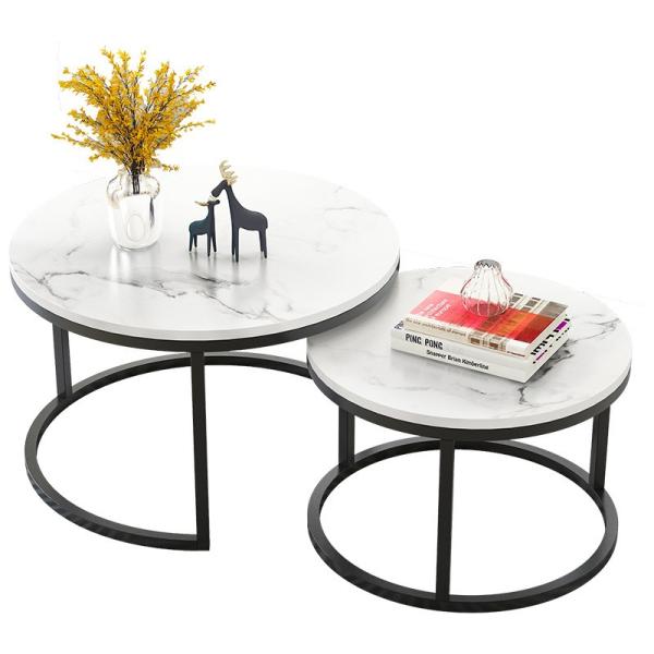 Living Room Coffee Table, Side Corner 2 Sets, Wooden Board Rack, Center Round Nesting Tea with Metal Frame