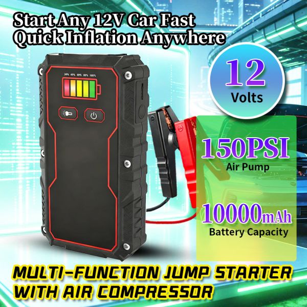 12V Portable Car Jump Starter with 150 PSI Air Compressor and 8000mAh / 10000mAh Emergency Power Bank