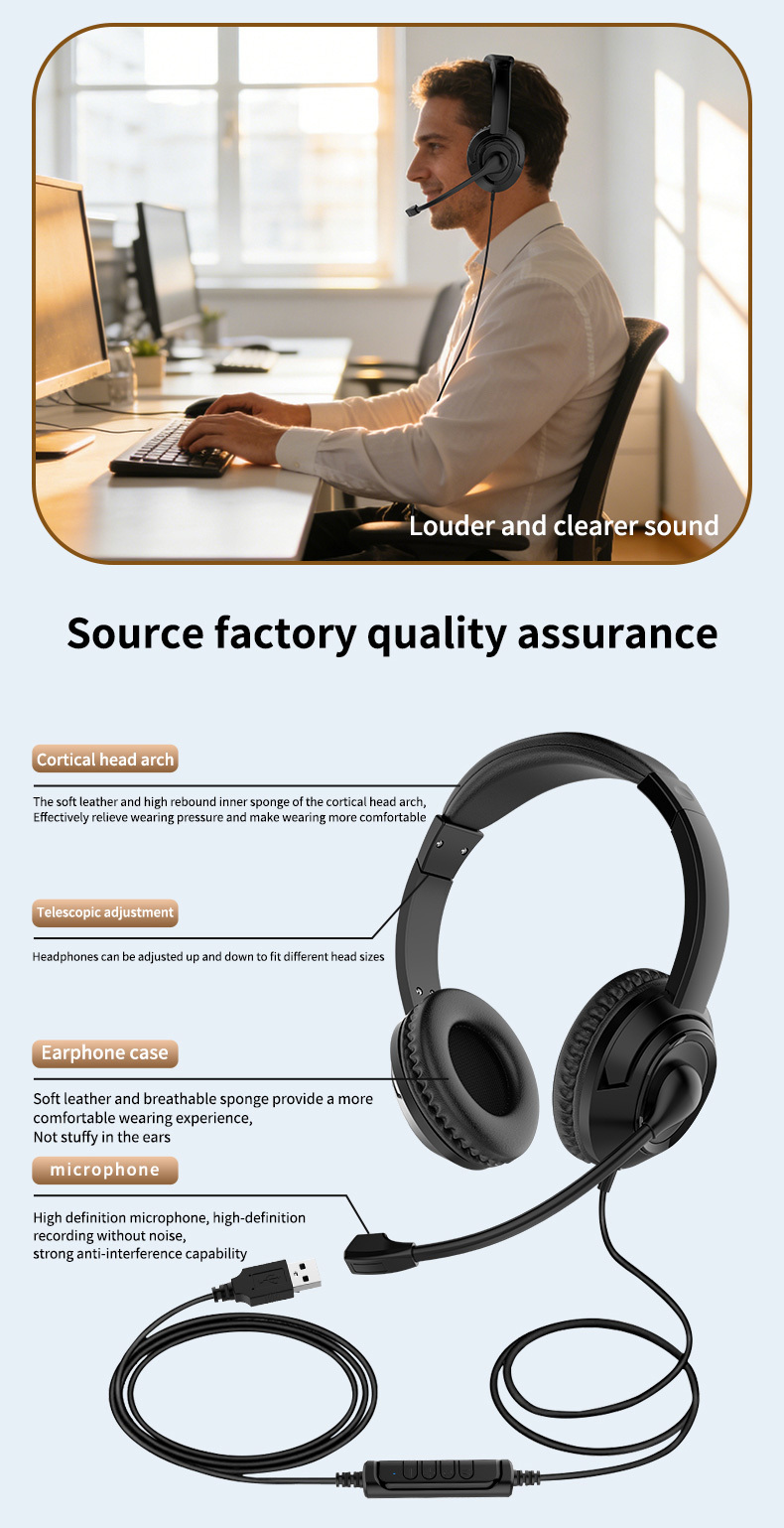 JTY-1026Wired Call Center Headset with Microphone, 3.5mm/USB/Type‑C Multi‑Interface Over‑Ear Headphone, Volume Control Wired Headset for Office Conference Online Class Home Work,OEM/ODM customization
