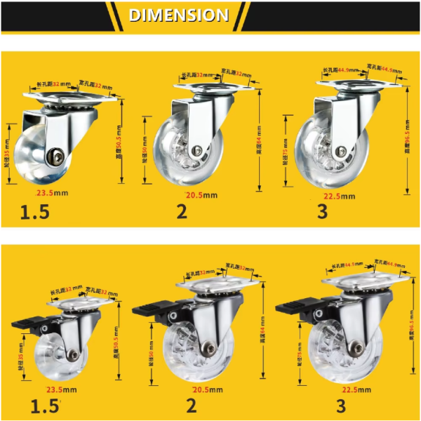 2-Inch 3-Inch and 4-Inch 100 mm Clear Swivel Brake Caster Wheels Made of Silicone for Office Chairs Cabinets and Furniture