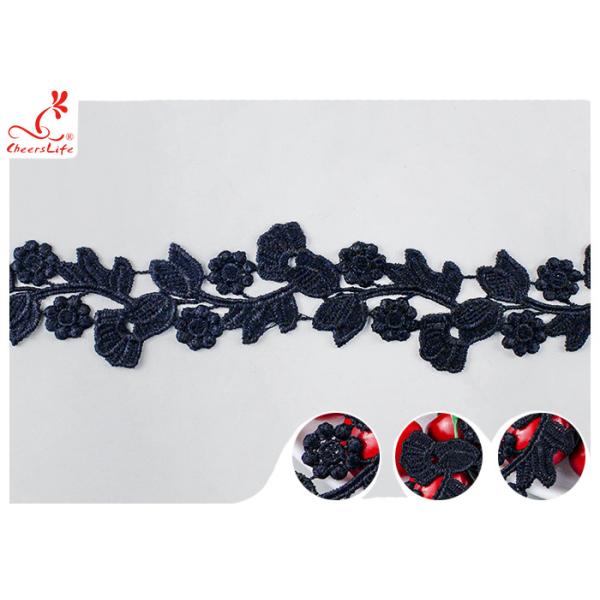 Black Floral Embroidery Edging Lace Trim Via Water Soluble With High Color Fastness Dye