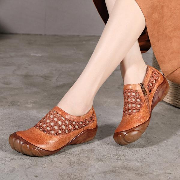 S128 Ethnic style mesh hollow breathable leather shoes 2020 new literary retro flat bottom casual women's shoes manufact