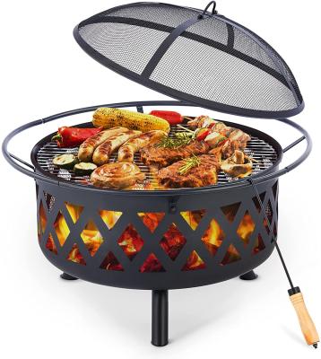 Round Portable Wood Burning Fire Pit Camping Bonfire With BBQ Grill
