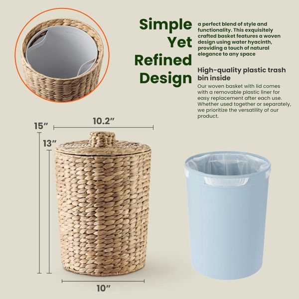 Wicker Waste Basket - Water Hyacinth Bathroom Garbage Can With A Lid - Bathroom Trash Can Boho Style - Wicker Trash Can With Lid For Household, Kitchen - Removable Liner, Iron Frame