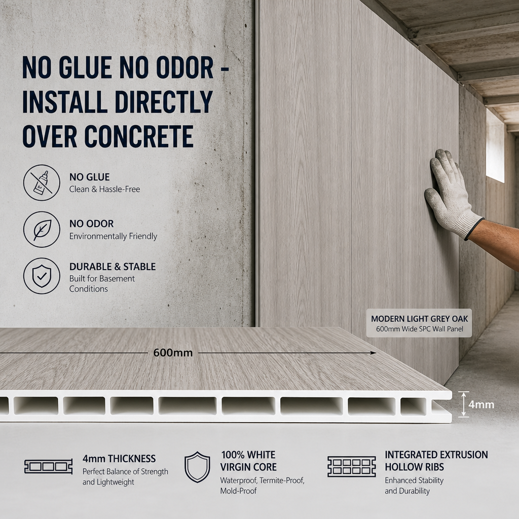 Mold Resistant Moisture Proof Basement SPC Wall Panels Click Lock Over Concrete