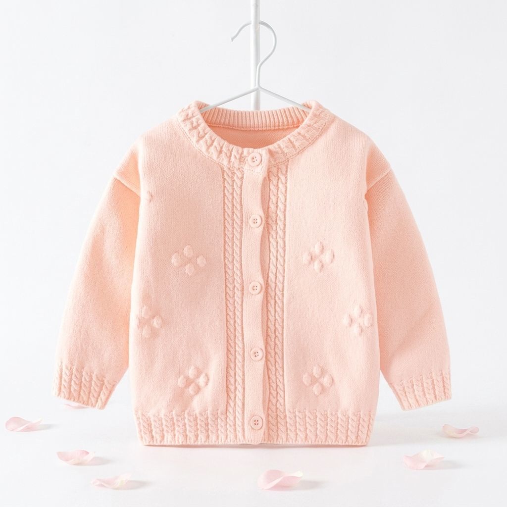Baby Girl Cute Floral Pattern Cardigan Sweater with Button Closure and Lightweight Wool for Spring