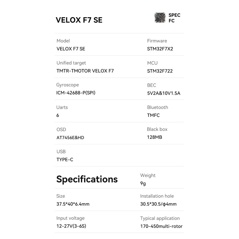 T-MOTOR Velox F7 SE 2-27V(3-6S) Flight Control RC Mini Micro FPV Drone Parts Flight Control 30.5x30.5mm 12-27V 3-6S FC for Drone