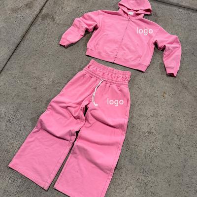 Logo personnalisé Fermeture à glissière Hoodie rose Double taille Sweat Track Baggy Pant Acide Lavé Hoodie ensemble Tracksuits pour hommes