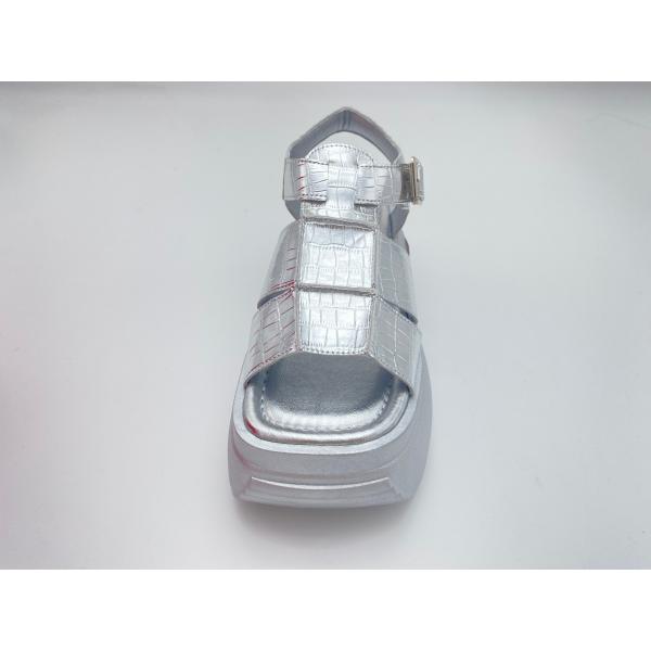 Women summer silver thick soled sandals with metal button genuine leather comfort