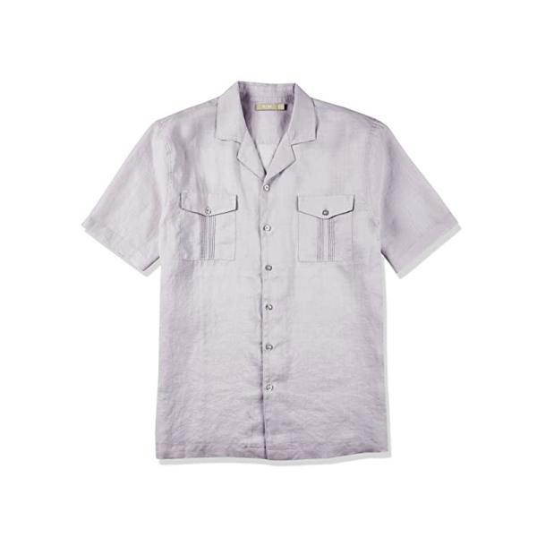 Pleats Laces Short Sleeve Guayabera Mens Linen Camp Collar Shirt With 2 Pockets
