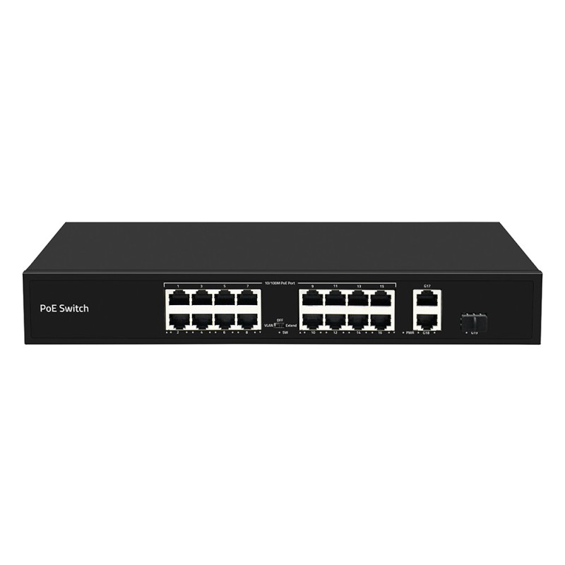 16 Port PoE Switch 250-Meter PoE Distance 10/100M Support VLAN Mode 300W Budget CE