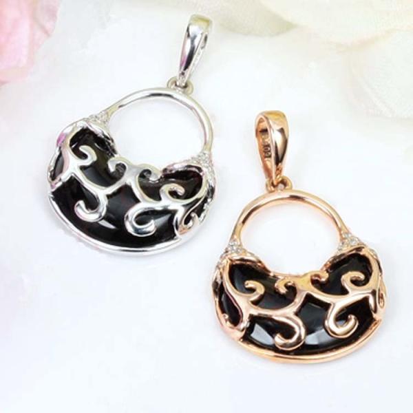 18K Rose Gold Natural Black Agate and Diamonds Pendant Necklace (GDN0020