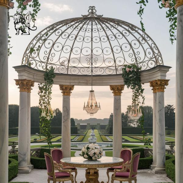 White Marble Columns Gazebo Luxury Iron Dome Garden Pavilion Hand Carved Patio Villa Landscaping Project