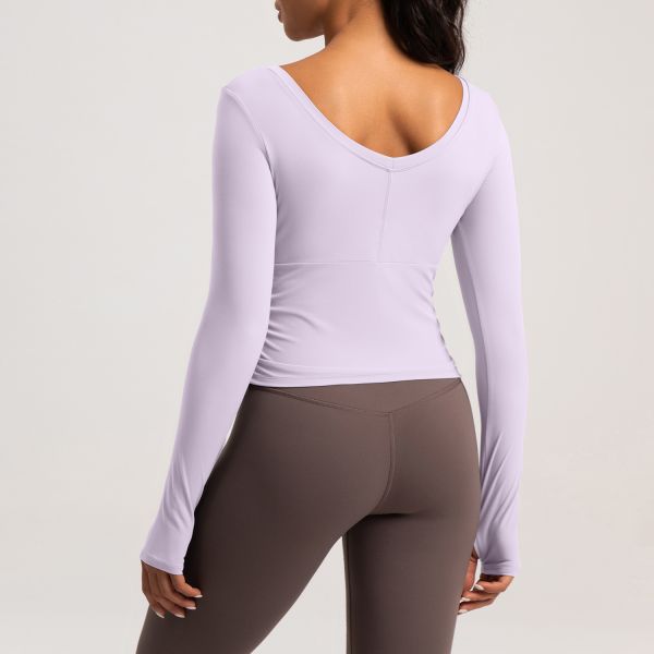 Long Sleeve V Neck Ruched Women Activewear Tops Light Purple Thumb Hole Cropped