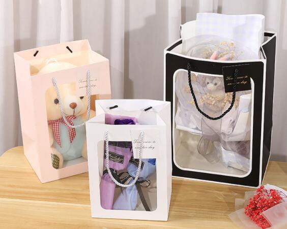 ISO9001 230gsm Cardboard Gift Bags With Clear Window Rectangle Shape