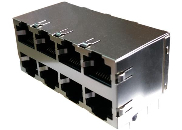 0810-2H4R-28 Stacked Jack Modular Gigabit 2x4 MAG45 Ground Shield With Leds