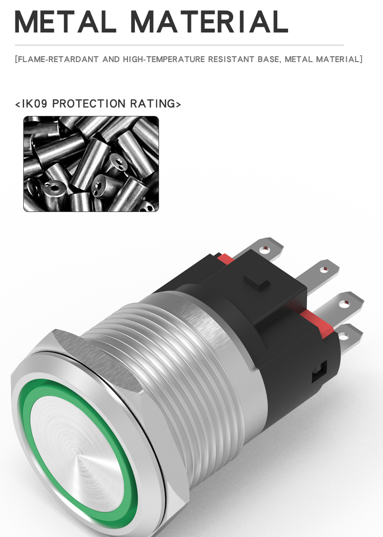 22MM10A High-Current Metal Push Button Switch with Light, Self-Reset and Self-Locking, Normally Open and Normally Closed