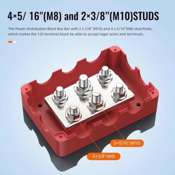 500A 48VDC Power Distribution Block With 4M8+2M10 Studs Covered Dual Polarity