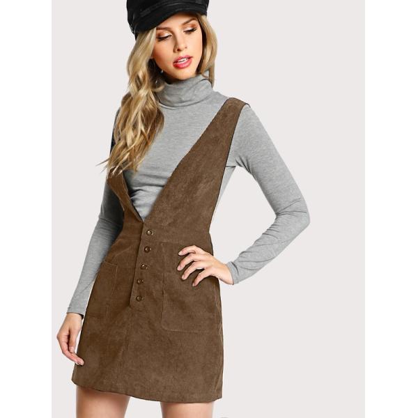 Autumn Design Crisscross Buttoned Plunge Pinafore Corduroy Dress
