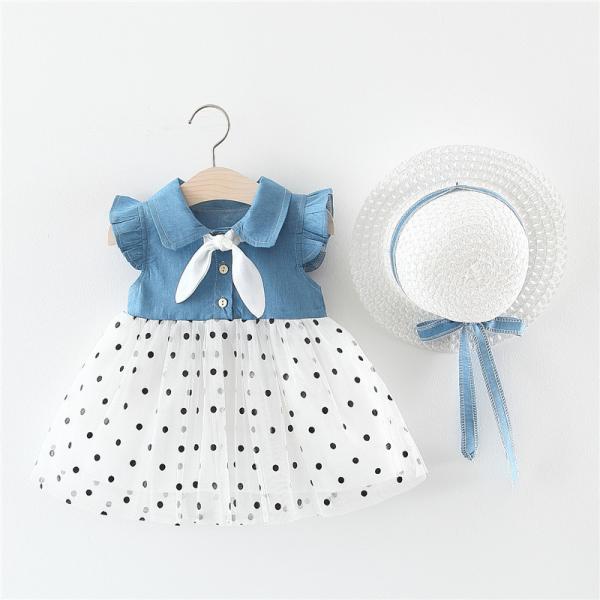 Polca azul infantil Dot Casual Summer Beach Dresses das meninas de 90CM 35.4in