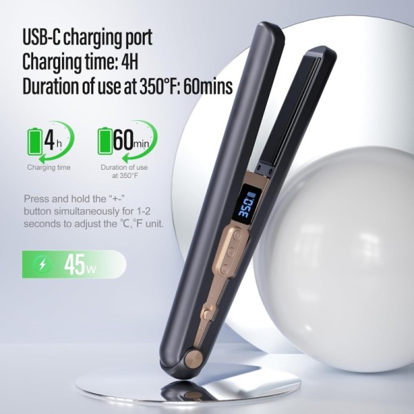 2-in-1 Cordless Hair Straightener & Curler LCD Display Travel Safe Ceramic Plates for Fine to Thick Hair Household Use