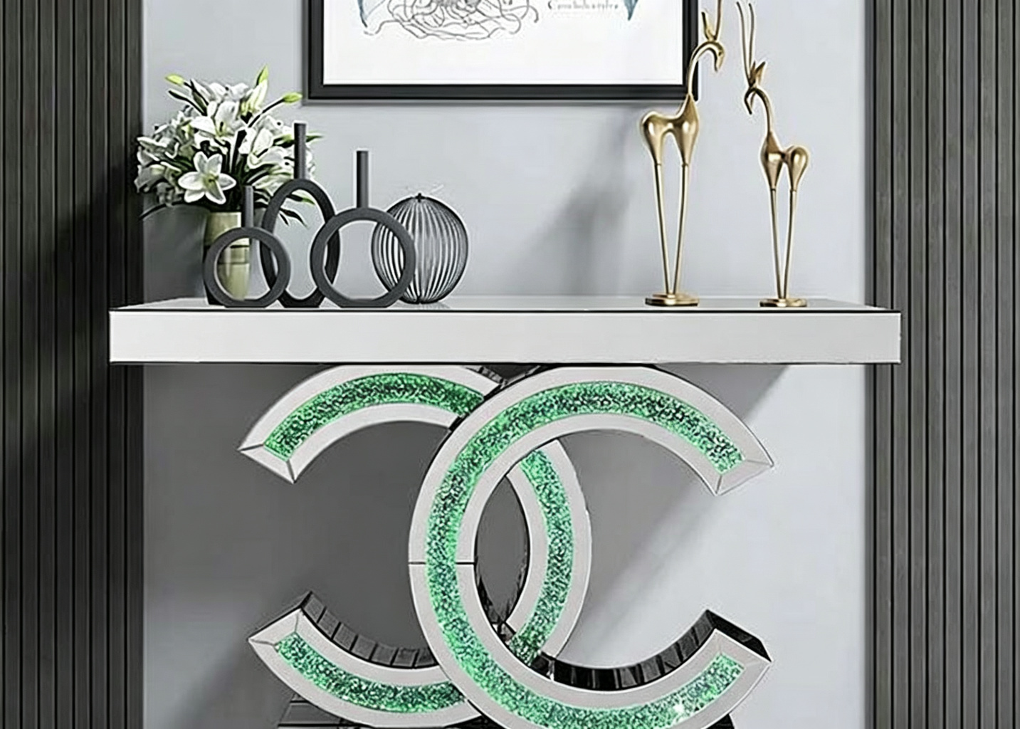 JSF627 LED Diamond Console Table with Silver Mirror Finish and 120X35X78CM Dimensions