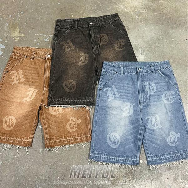 Logo imprimé en denim sur mesure Vêtements de rue Rouges T-shirts courts Jogger Sweat Vêtement de coton Vêtements de rue en détresse Shorts de lavage à l'acide