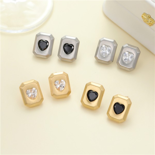 Wholesale Korean Style Trendy Brushed Effect Brass Square Heart CZ Stud Earrings High Quality Gold Silver Plating for Women