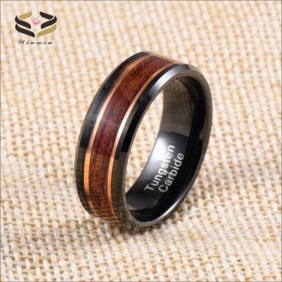 Bague de mariage pour homme en carbure de tungstène noir avec incrustation de bois de rose et ligne en or rose 8 mm, avec certificat d'évaluation par un tiers