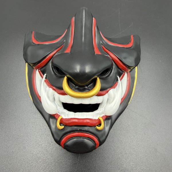 Resin Demon Half Face Mask, Black Red Oni Style Costume Mask with Gold Ring Accents for Adults, Halloween Cosplay, Masquerade Party, Festival Outfit, Photo Shoot and Stage Performance