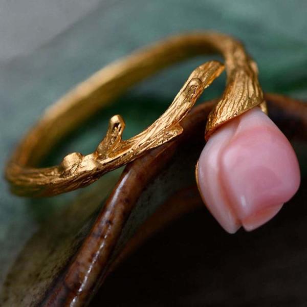 Women Sterling Silver Natural Pink Shell Tulip Gold Plated Ring Open Adjustable Size (058736)