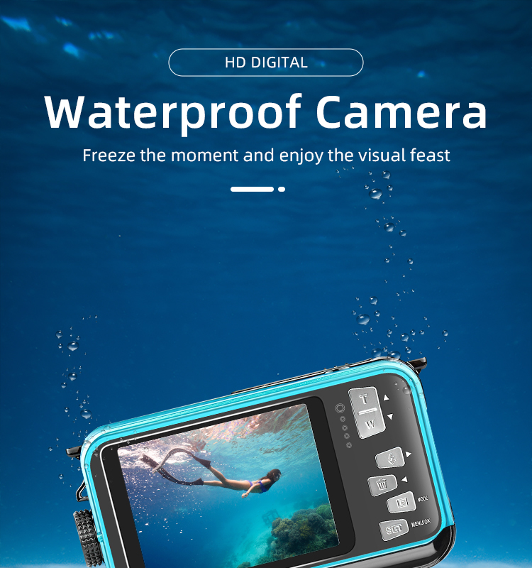 2.7K  Waterproof Camera 2.7+1.8 Inch Screen 16X Digital Zoom 13FT Underwater Anti-Shake Snorkeling Swimming and Diving Camera