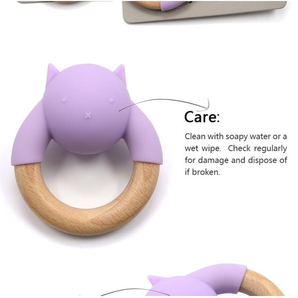 FDA Silicone Baby Wooden Teething Ring Rattle Ball Wooden Animal Teether