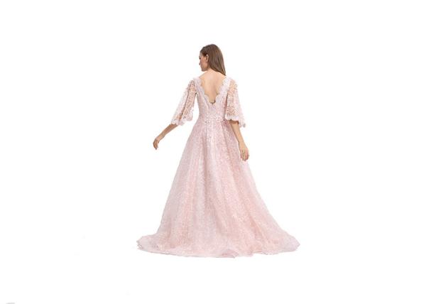 Custom Made Pink Half Sleeve Evening Gown With Hollow - Carved Design