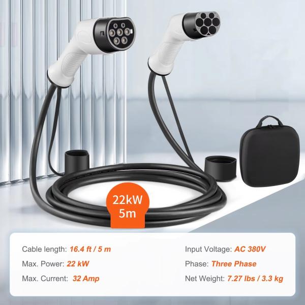 32A Cargador portátil de vehículos eléctricos de 3 fases ajustable tipo 2 con enchufe CEE 22KW