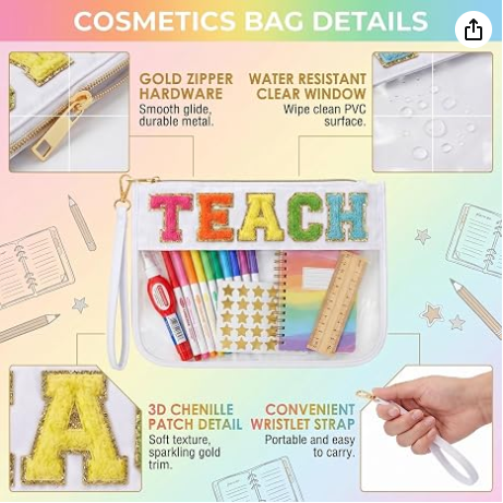 Teacher Appreciation Gifts Makeup Bag, Graduation Gift Bag for Women | Cute TEACH Chenille Letter Organizer Pouch. Perfect End of Year Teacher Gifts, Clear Cosmetic Bag & Teacher Bags Essentials