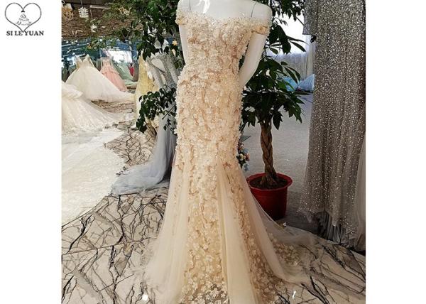 Short Sleeve Champagne Trumpet Prom Dress Lace Flowers With Beads Tulle Train