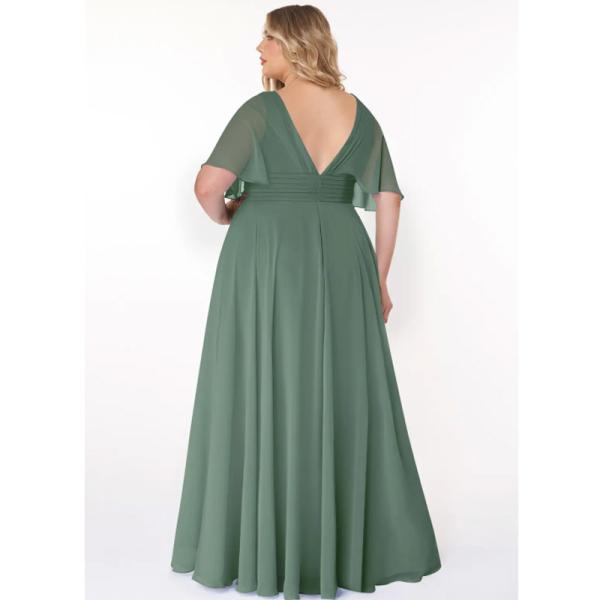 Vintage Elegant A-Line V-Neck Pleated Chiffon Floor-Length Bridesmaid Dress V-back Short Sleeves Pleated