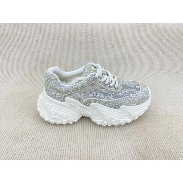 Women white leather sneakers with bling crystal and breathable lace mesh heightening