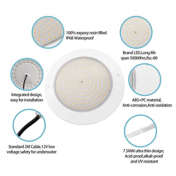 IP68 Waterproof Light 35W Ultra Slim H7.5mm Outdoor Lighting ABS Material DC 12V Wall Mounted Pool Lights