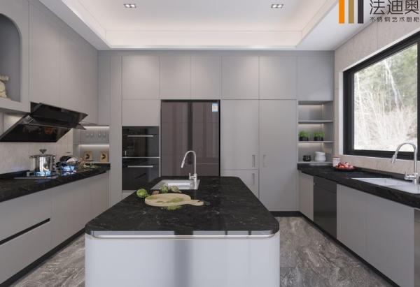 Fadior Muted Gray Stainless Steel Kitchen Cabinet With Galaxy Island