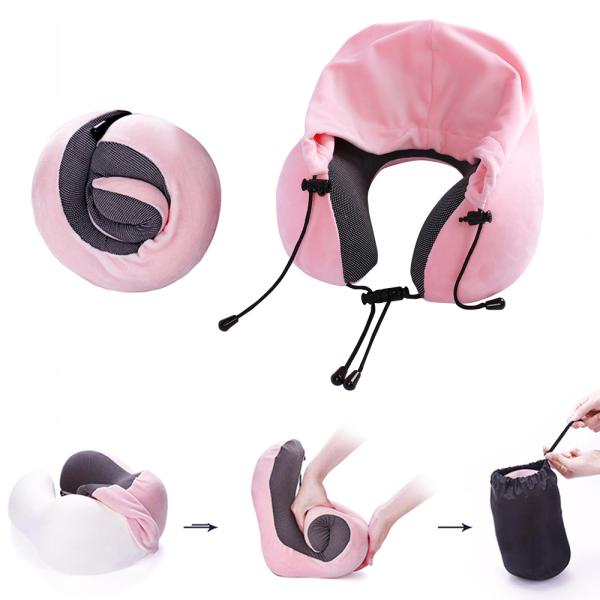 Convenient Hoodie Storage Bag U Shape Memory Foam Neck Pillow for Airline Travel