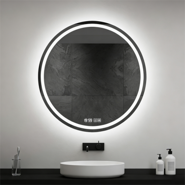 Kingstin Round Smart LED Mirror, Ultra-Thin Aluminum Frameless, Anti-Fog Vanity Mirror with Bluetooth, Time, 3-Color Dimmable
