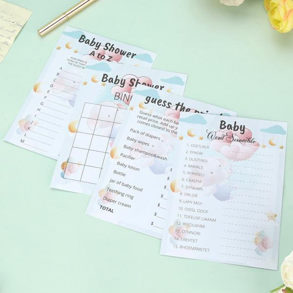 4c Offset Printing 100 Pcs Baby Shower Games Cards Bingo Guess Who Is Right Word Scramble