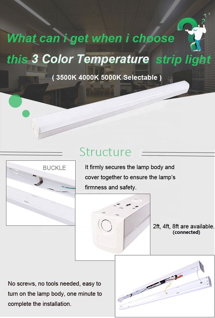 PC Material 25W 3CCT 2FT LED Linear Strip Light Fixtures for Commercial and Industrial
