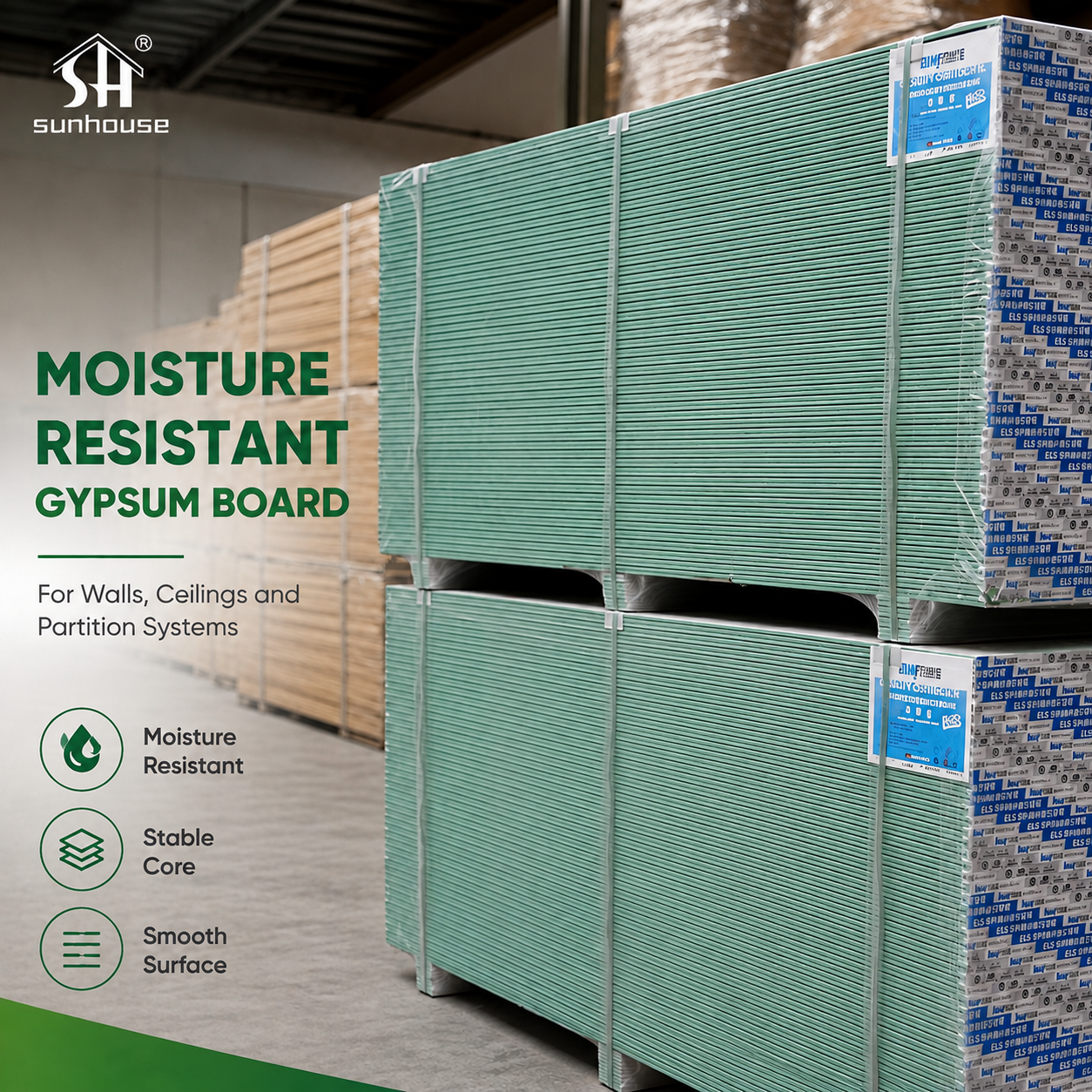 Moisture Resistant Paper Faced Gypsum Board for Hotel Washrooms Kitchens Partitions and Humid Interior Walls
