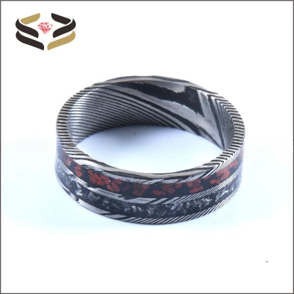 Round Flat Men Damascus Steel Wedding Bands 8mm With Meteorite And Dinosaur Bone Inlay