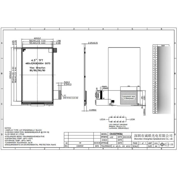 4.5 inch Tiny LCD Screen 480x854 Pixels 80/80/80/80 Viewing Angle