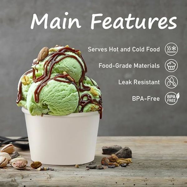 White Paper Ice Cream Cups 8oz Disposable Dessert Bowls for Hot or Cold Food Lids Not Included Paper Snack Containers for Sundae Frozen Yogurt Soup