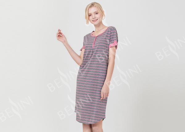 Polyester Cotton Jersey Ladies Night Dresses Sleepwear Short Sleeve Yarn Dyed Striped
